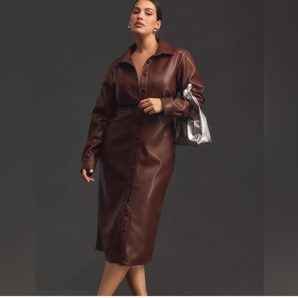 Anthropologie Brown Faux Leather Midi Dress